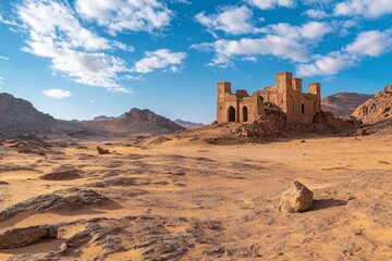 Poster - Desert ruin architecture, sunlit landscape, ancient tomb,  distant mountains, travel photography