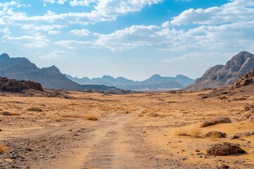 Poster - Desert road, mountains, travel, adventure, scenic, landscape,  sun, sky, Wadi Rum