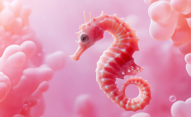 Wall Mural - A delicate pink seahorse floating gracefully in a surreal underwater environment with soft coral-like textures.