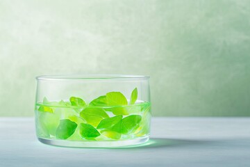 Poster - glass petri dish with bioengineered algae glowing in neon green hues set against blurred scientific background minimalistic