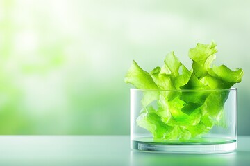 Poster - glass petri dish with bioengineered algae glowing in neon green hues set against blurred scientific background minimalistic