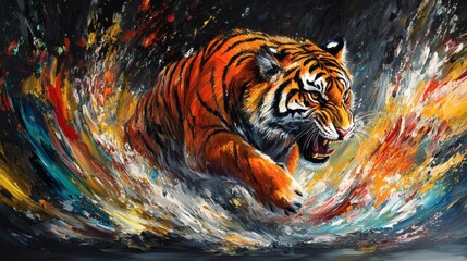 Poster - Full canvas painting of Asian tiger in motion blending abstract fluid art with thick oil paint Highly detailed the scene captures sharp edges and swirling impasto strokes in bold expressionism