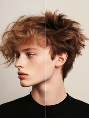 Aufkleber - Comparison of unkempt hair versus stylish haircut showcasing transformation and grooming techniques. Generative AI