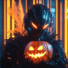 Fototapete - Futuristic cybernetic entity glowing elements and featherlike details holds a carved pumpkin emitting light against neon vertical streaks eerie shadows and Halloween objects