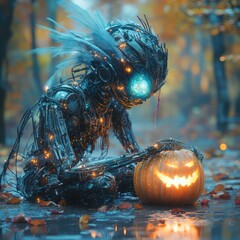 Poster - Futuristic entity glowing circuits and feathered details holds a carved pumpkin emitting a soft light against a neonstreaked backdrop with reflective wet ground and Halloweenthemed objects