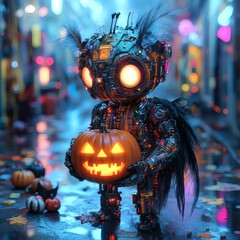 Poster - Futuristic entity glowing circuits and feathered details holds a carved pumpkin emitting a soft light against a neonstreaked backdrop with reflective wet ground and Halloweenthemed objects