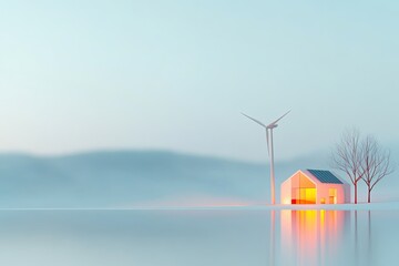 Poster - serene domestic scene showcasing solar panels and wind turbines integrated into modern home environment with blurred