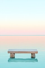 Poster - serene minimalistic landscape featuring single wooden plank resting on soft gradient background