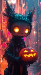 Poster - Futuristic entity glowing eyes and featherlike accents holding a glowing carved pumpkin in a neonlit environment with vertical streaks resembling rain and playful Halloween elements