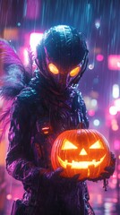Fototapete - Futuristic entity glowing eyes and featherlike accents holding a glowing carved pumpkin in a neonlit environment with vertical streaks resembling rain and playful Halloween elements