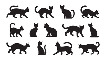  Set of silhouette cats On white background. A collection of Feline Poses.