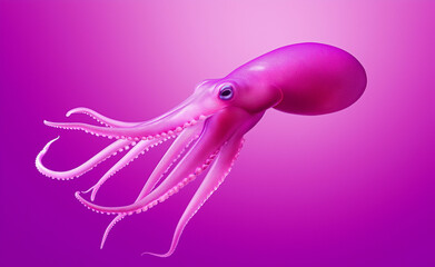 Wall Mural - A vibrant pink octopus with smooth skin and long, curled tentacles floating against a purple background.