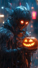Poster - Futuristic entity glowing eyes and featherlike accents holding a glowing carved pumpkin in a neonlit environment with vertical streaks resembling rain and playful Halloween elements