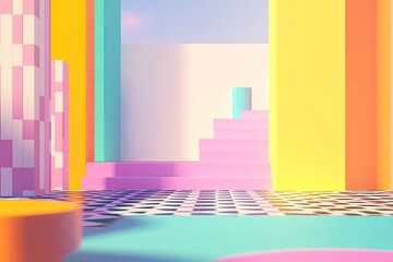 Poster - vibrant pixel art scene filled with retro elements and abstract design featuring bright colors and geometric shapes