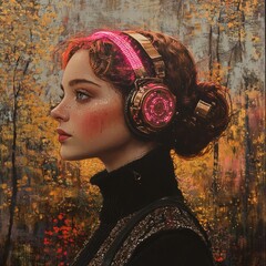 Poster - Gothicpunk lady a fall forest with neon fiber optics in her hair blending hyperrealism with surrealism The metallic colors
