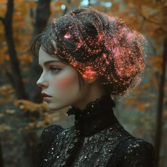 Poster - Gothicpunk lady a fall forest with neon fiber optics in her hair blending hyperrealism with surrealism The metallic colors