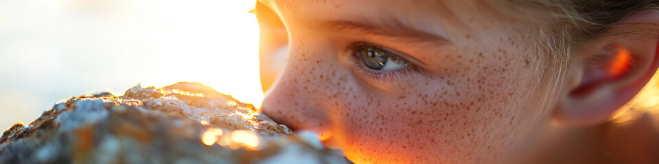 Wall Mural - Close-up of Child's Face and Ear Near Rock Surface at Sunset