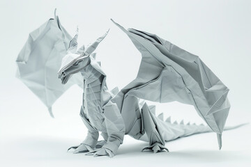 Poster - Origami dragon with sharp, precise folds, displayed on a clean, white backdrop.