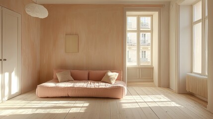 Aufkleber - A cozy room features a plush, blush sofa with decorative pillows, basking in warm sunlight. Minimal decor enhances the tranquil vibe, inviting comfort and inspiration