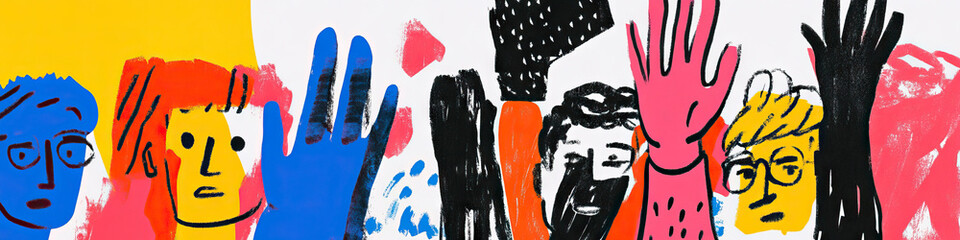 Poster - Stylized Illustration of Faces and Raised Hands in Bright Colors