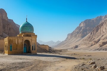 Wall Mural - Desert mosque, mountains, arid landscape, sunrise, travel