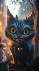 Fototapete - Highresolution digital art of Cheshire cat with a mischievous smile sharp teeth and a birthday cake captured in low light for depth