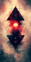Poster - An abstract cosmic illustration featuring two large triangles with a vibrant red and black color scheme, centered around glowing celestial bodies amidst a dreamy celestial background.