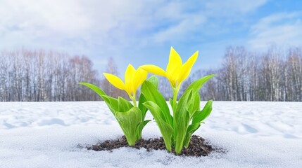 Wall Mural - Bright yellow tulips emerging in picturesque snowy landscape, vibrant colors contrast against white blanket of snow, symbolizing hope and renewal during spring season, botanical beauty concept