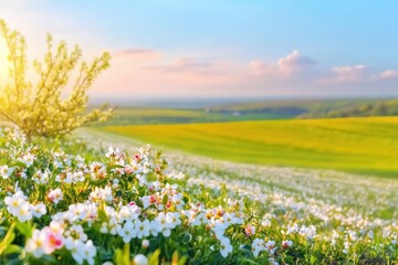 Wall Mural - Vibrant spring landscape with blooming flowers, lush green fields, distant hills under a clear blue sky, sun rising, nature scenery, peaceful atmosphere, beautiful day concept