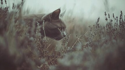 gray cat stalking in lavender field, misty dawn, nature scene