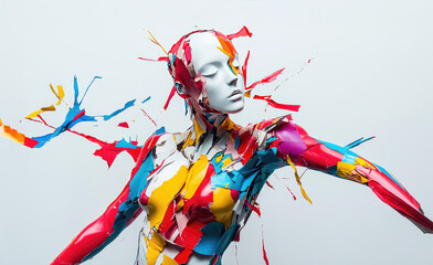 Aufkleber - mannequin is depicted in dynamic pose, covered in vibrant, fragmented pieces of colorful material, creating sense of chaos and movement