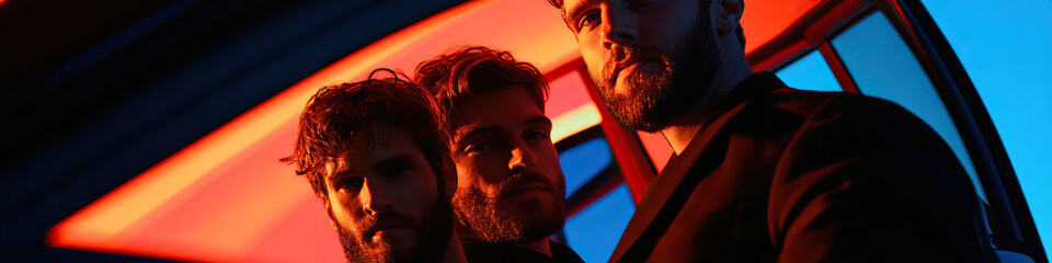 Three Bearded Men in Red and Blue Light