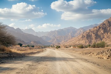 Wall Mural - Desert road winding through mountain village under sunny sky