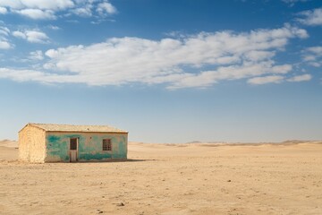 Wall Mural - lonely desert house, blue paint, dunes background, travel photography