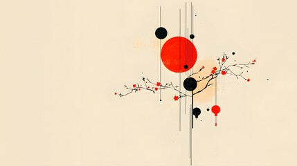 Poster - Abstract Art with Red and Black Circles and Floral Branch Design