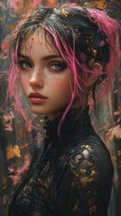 Poster - Hyperrealistic gothicpunk lady neon fiber optics in her hair stands in a forest with a fall theme Metallic textures of gold pink and bronze are embossed and weathered adding depth