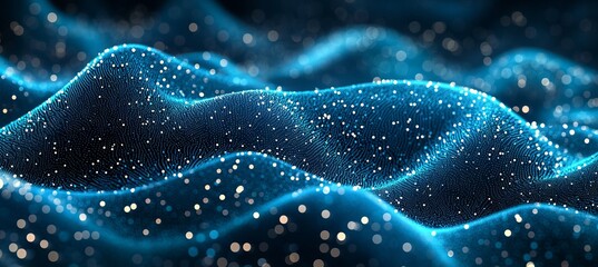 Poster - Abstract Blue Wavy Background With Glowing Particles And Network Connection Lines. Big Data.