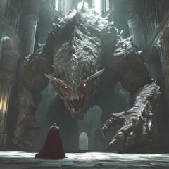 Fototapete - Hyperrealistic scene of massive intimidating creature facing off against a sophisticated antagonist in a grand castle with intricate details and dramatic lighting