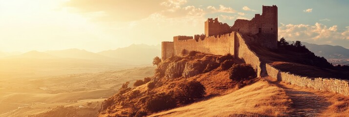 Aufkleber - Sunset glow over an ancient castle on a hilltop with serene landscape and space for text. Generative AI
