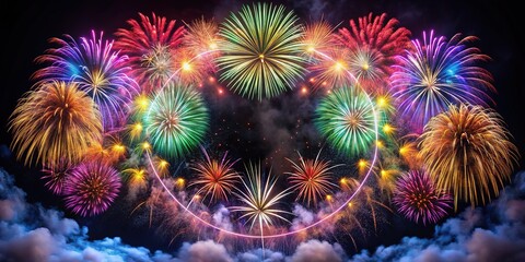 Wall Mural - Circle of fireworks explodes against a black backdrop.