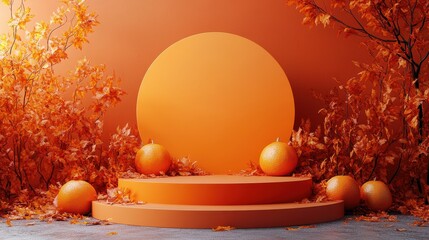 Poster - empty podium for product display halloween themed orange background