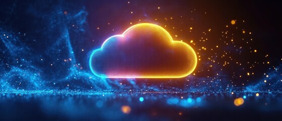 Poster - colorful cloud icon surrounded by vibrant digital particles