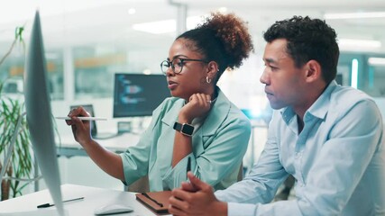 Aufkleber - Business people, software developer and writing with computer for UI, UX or app development at office. Businessman, woman or programmers with technology for web design, AI update or problem solving