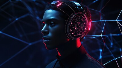 Poster - Young man with futuristic headphones in a digital landscape