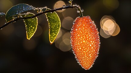 Poster - Dew-covered fruit at sunrise, bokeh background; nature photography