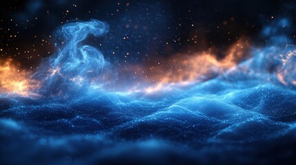 Poster - glowing blue mist and swirling vapor rising from mysterious pool of water on dark background