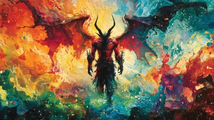 Poster - A landscape of illusions and distorted reality a tall muscular demon with batlike wings looms surrounded by swirling vibrant colors