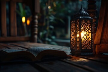 Illuminated Lantern & Open Book on Wooden Table, Garden Background