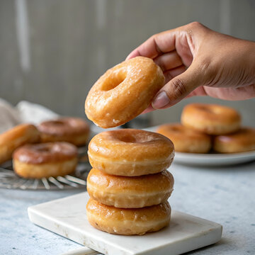 Front view of a hand taking a glazed doughnut from a stack.