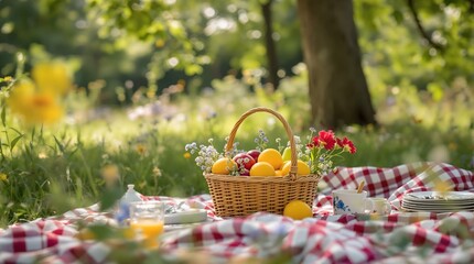 Aufkleber - A serene outdoor setting, where a picnic is taking place. The main subject is a basket filled with fruits and a glass of juice, placed on a checkered cloth spread out on the grass. The colors are soft